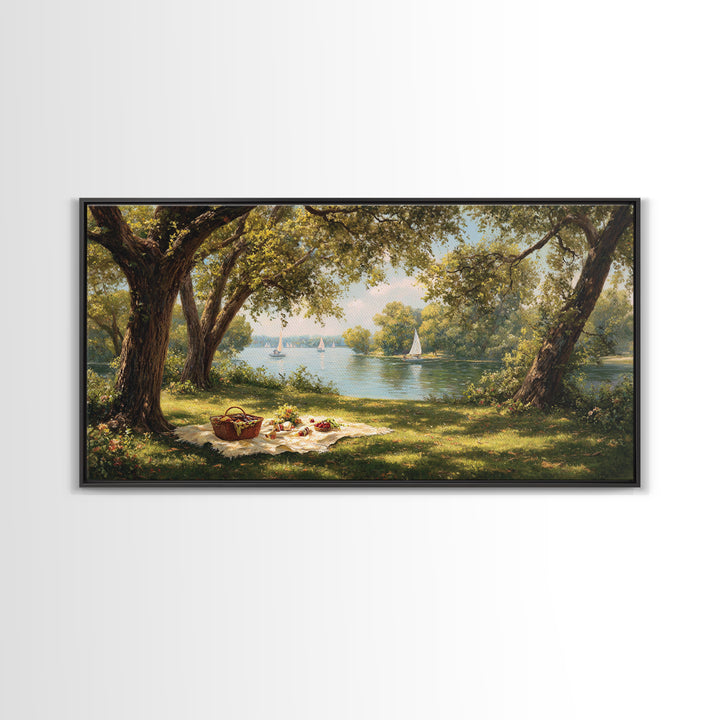 Idyllic Lakeside Picnic Scene With Trees And Sailboats Wall Art Framed Canvas Print For Living Room Decor