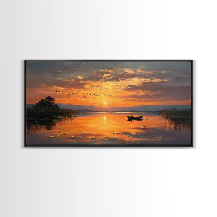Majestic Sunset Over Calm River With Birds Flying Silhouettes Realistic Painting Wall Art Framed Canvas Print For Serene Decor