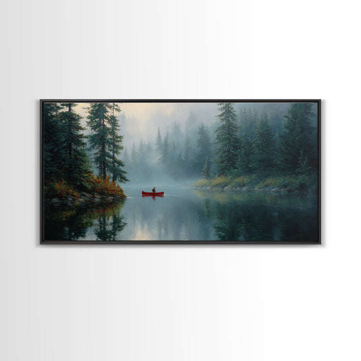Peaceful Forest Lake With Canoe And Mist Landscape Oil Painting Canvas Print Large Wall Art For Cozy Living Room Decor