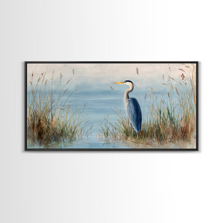 Serene Blue Heron In Marsh Landscape Painting Fine Art Print Framed Canvas Print Coastal Wall Art Quiet Nature Decor