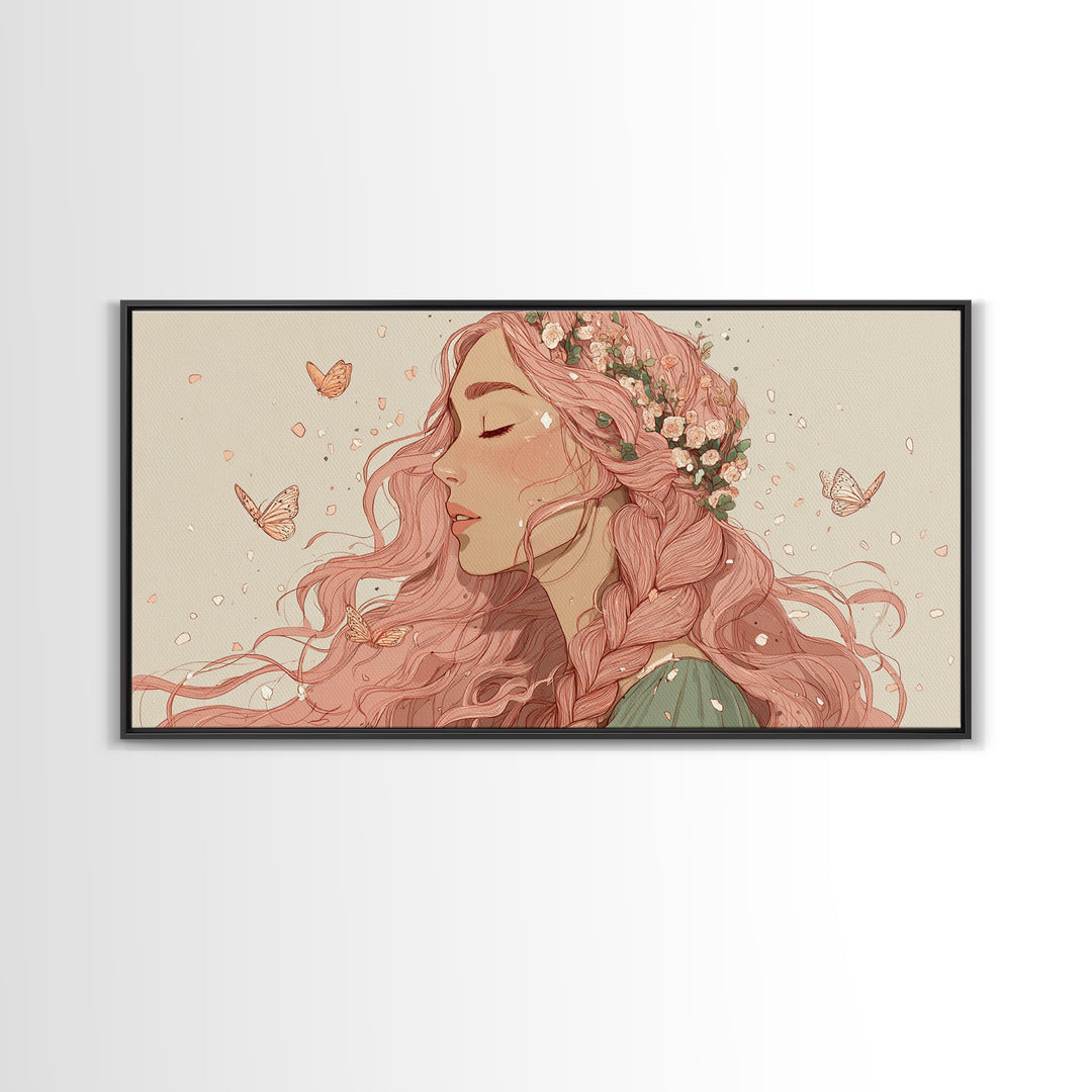 Pink Braided Floral Woman Portrait Wall Art, Feminine Boho Decor, Whimsical Butterfly Canvas Art, Gift For Her, Living Room Decor