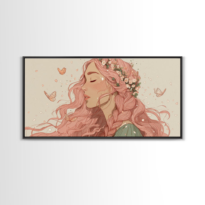 Pink Braided Floral Woman Portrait Wall Art, Feminine Boho Decor, Whimsical Butterfly Canvas Art, Gift For Her, Living Room Decor