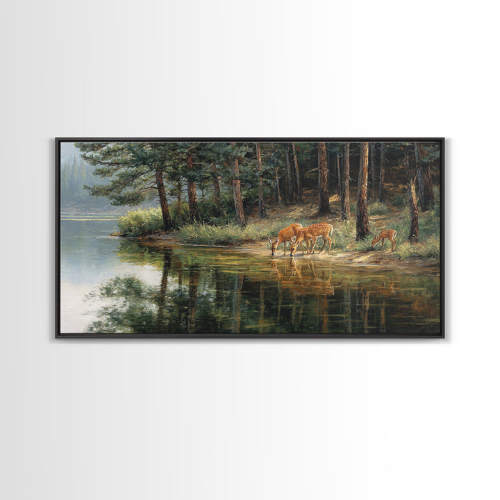 Realistic Wildlife Painting Deer Family Nature Wall Art Canvas Print For Rustic Home Decor And Living Room