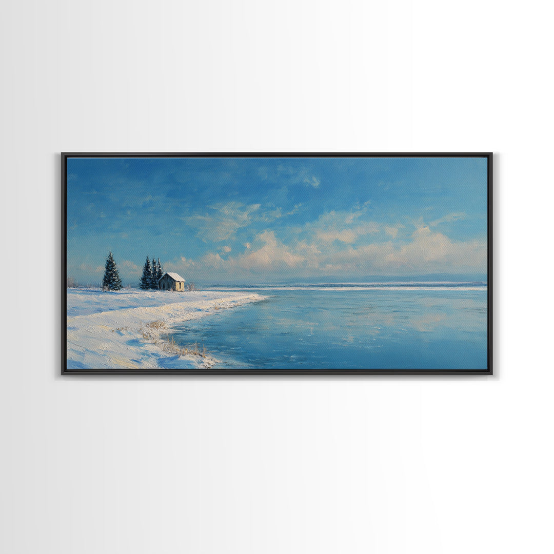 Serene Winter Lake Landscape Painting With Snowy Cabin And Pine Trees Art Print Wall Art Canvas Print For Home Decor