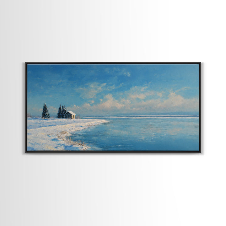 Serene Winter Lake Landscape Painting With Snowy Cabin And Pine Trees Art Print Wall Art Canvas Print For Home Decor