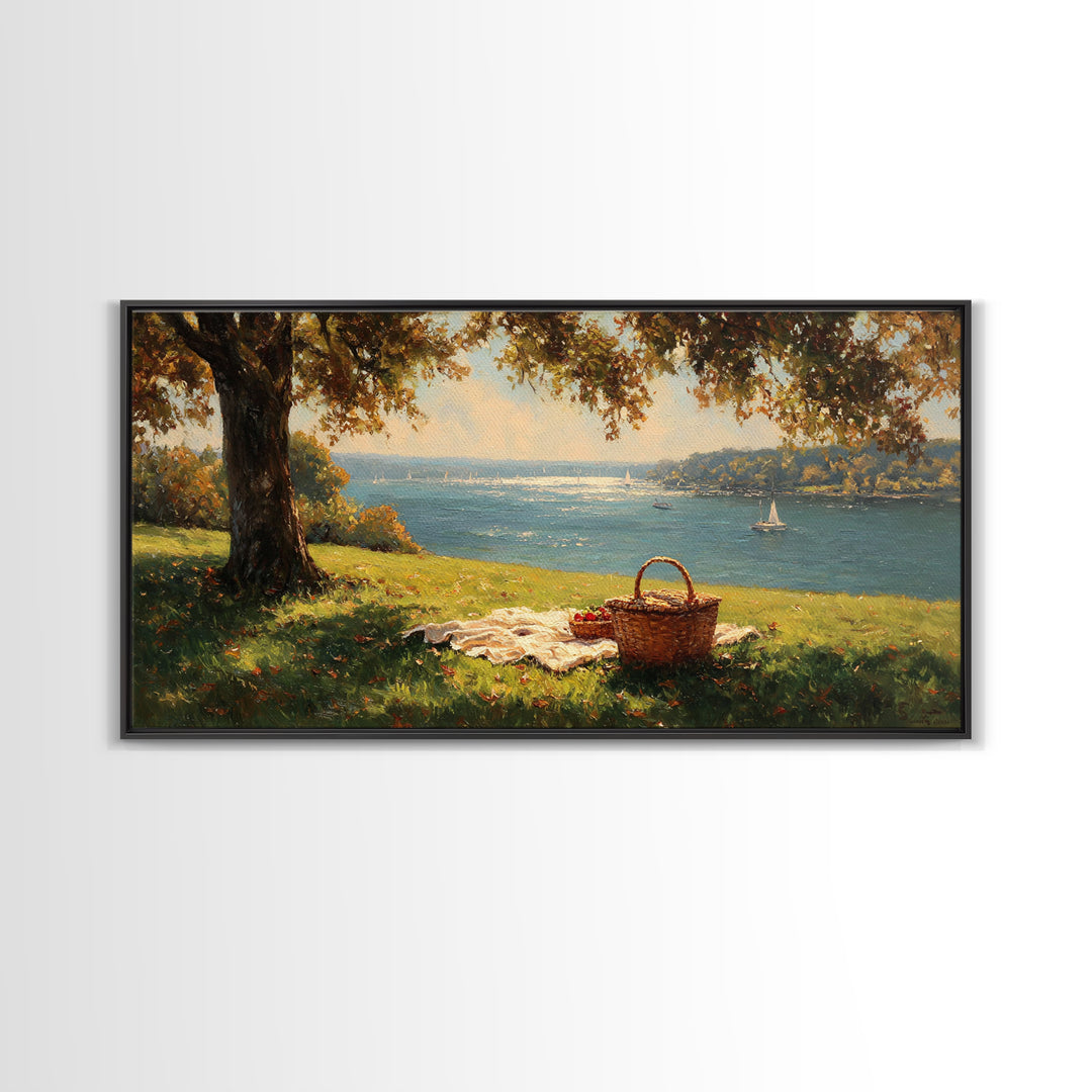 Sunlit Picnic Scene Overlooking Blue Lake With Sailboats Wall Art Framed Canvas Print Coastal Decor