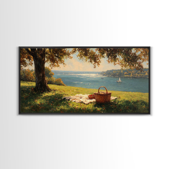 Sunlit Picnic Scene Overlooking Blue Lake With Sailboats Wall Art Framed Canvas Print Coastal Decor