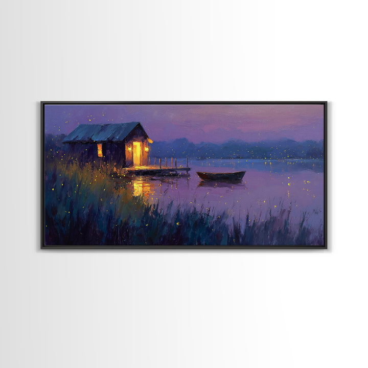 Romantic Evening Lakeside Cabin Oil Painting Wall Art With Fireflies Charming Landscape Decor