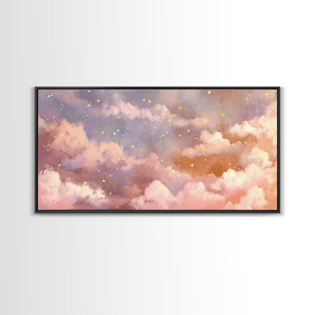 Pastel Celestial Clouds And Gold Stars Canvas Print, Dreamy Nursery Wall Art, Whimsical Decor, Bedroom Wall Decor, Gift For Her
