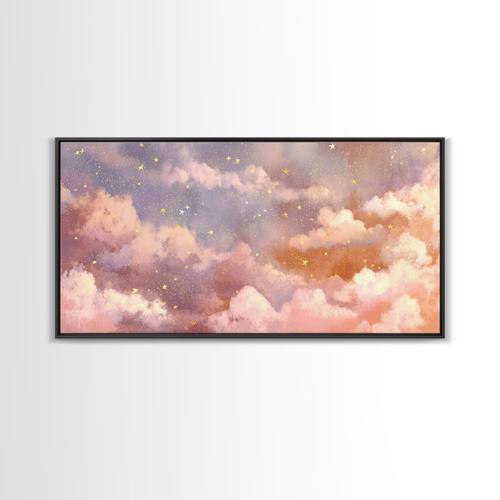 Pastel Celestial Clouds And Gold Stars Canvas Print, Dreamy Nursery Wall Art, Whimsical Decor, Bedroom Wall Decor, Gift For Her