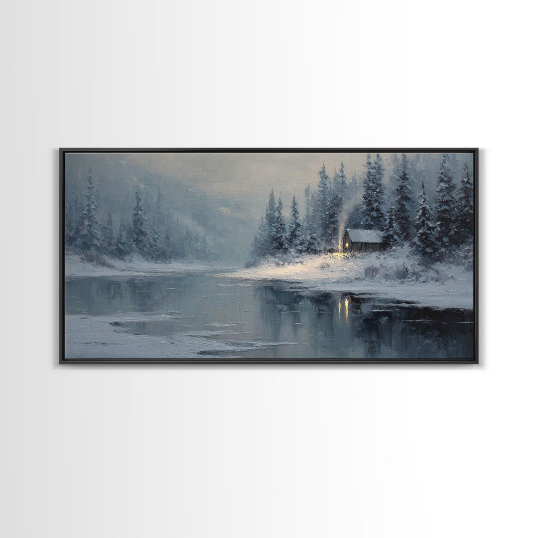 Cozy Cabin In Snow Winter Landscape Painting Oil On Canvas Framed Canvas Print For Home Decor