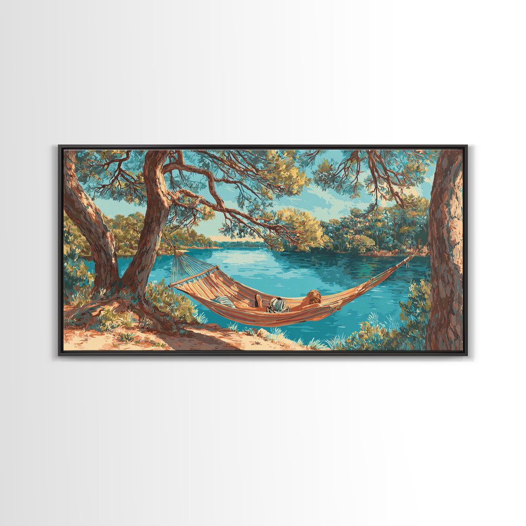 Relaxing Lake Scene With Hammock And Man Reading Wall Art Painting Canvas Print For Tranquil Bedroom Or Living Room Decor