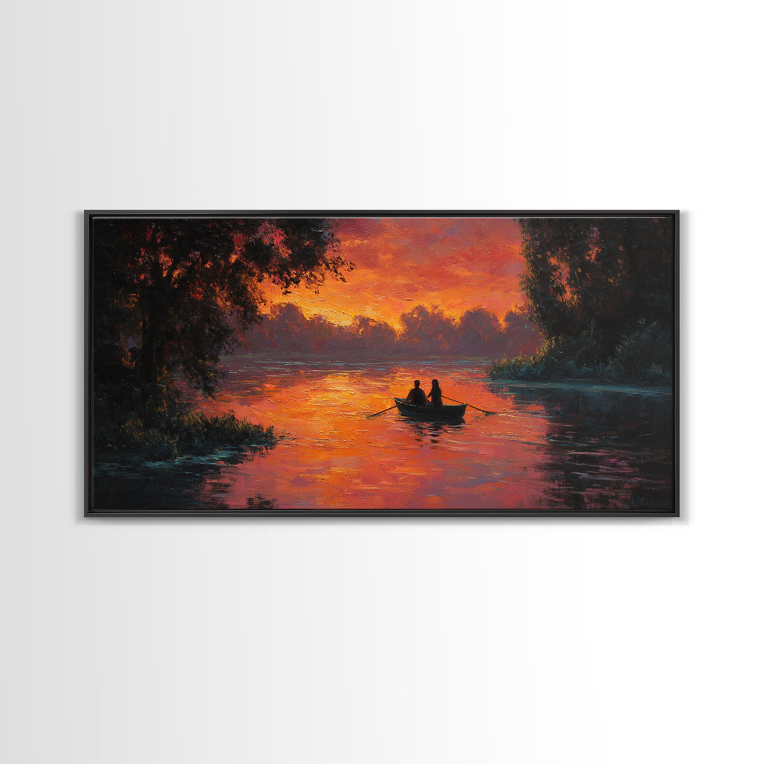 Romantic Couple In Rowboat At Fiery Sunset Lake Scene Oil Painting Wall Art Ideal For Cozy Bedroom Decor Or Rustic Living Room Framed Canvas Print