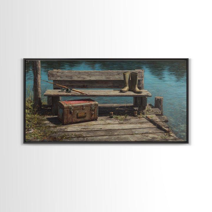 Rustic Fishing Dock With Boots And Rods Oil Painting Rustic Wall Art Framed Canvas Print For Cabin Decor And Nature Lovers