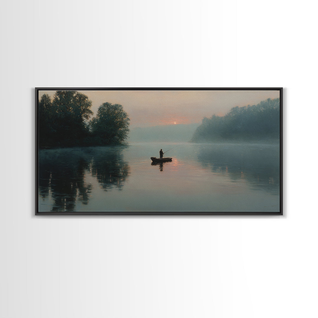 Serene Fisherman In Early Morning Mist Over Glassy River Original Oil Painting Wall Art For Living Room Decor