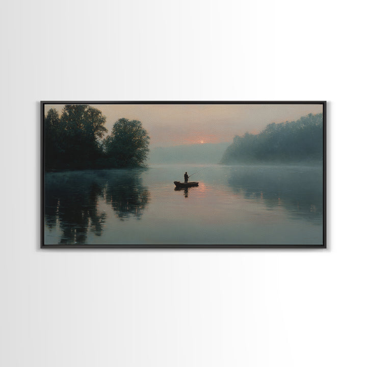 Serene Fisherman In Early Morning Mist Over Glassy River Original Oil Painting Wall Art For Living Room Decor