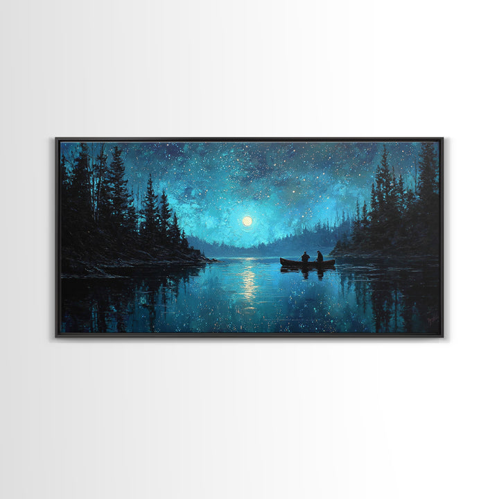 Starry Night Landscape With Canoeists On A Moonlit Lake Original Oil Painting Wall Art
