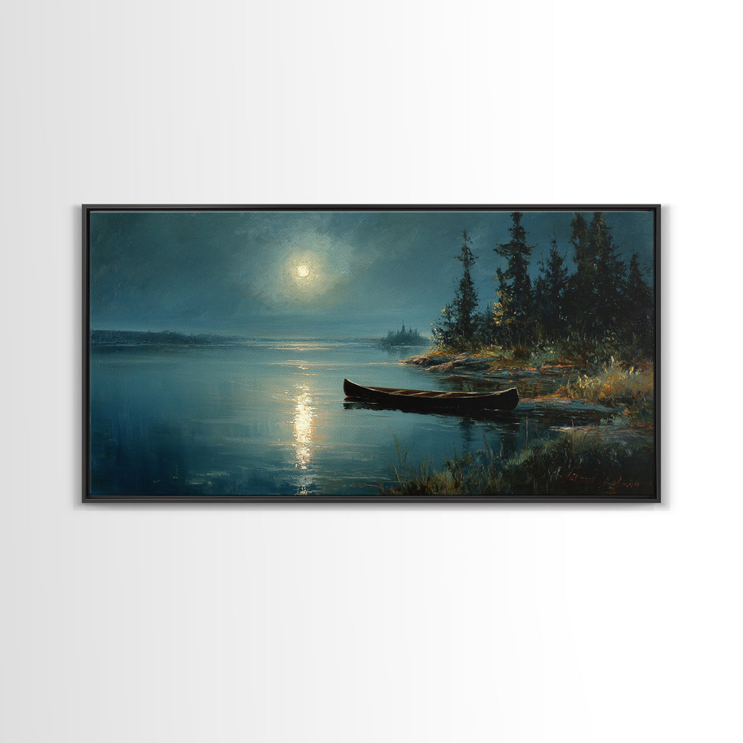 Calm Moonlit Lake Scene With Canoe And Forest Landscape Original Painting Wall Art Canvas Print Home Decor