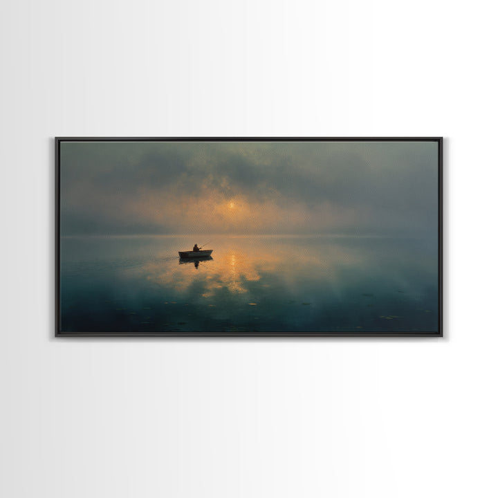 Upbeat Meditation Scene At Sunset With Person Silhouetted Over Ocean Calm Wall Art