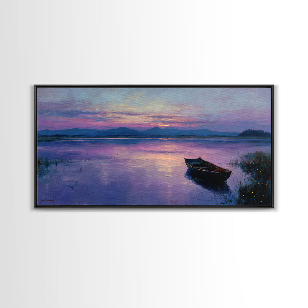 Peaceful Sunrise With Boat On Calm Lake Landscape Painting Large Wall Art For Living Room