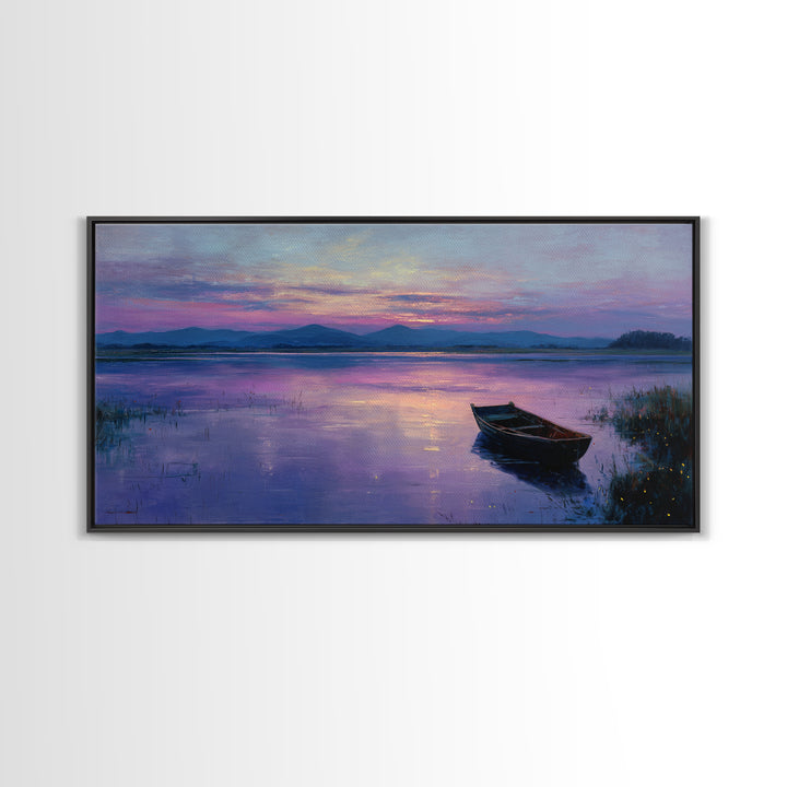 Peaceful Sunrise With Boat On Calm Lake Landscape Painting Large Wall Art For Living Room