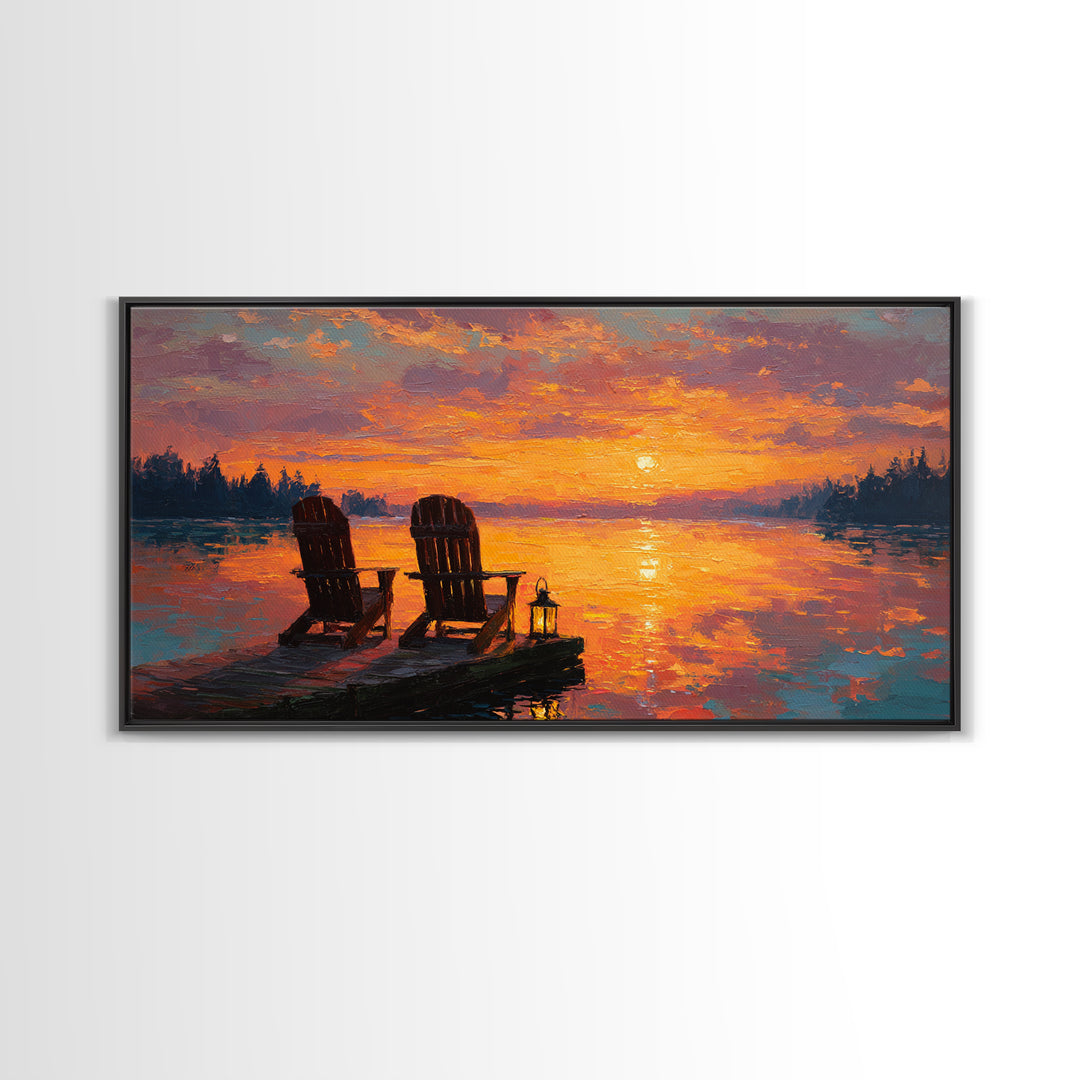 Warm Glowing Sunset With Adirondack Chairs On Lake Dock Tranquil Landscape Oil Painting Wall Art Framed Canvas Print For Cozy Home Decor