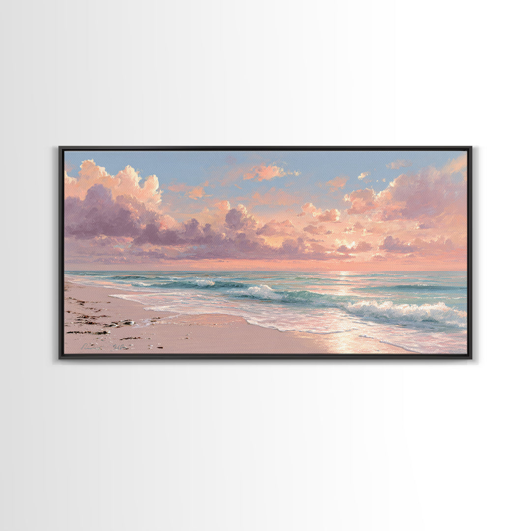Pink Cloud Beach Sunrise Framed Canvas Print, Coastal Wall Art, Ocean Waves Seascape, Beach House Decor, Living Room Decor