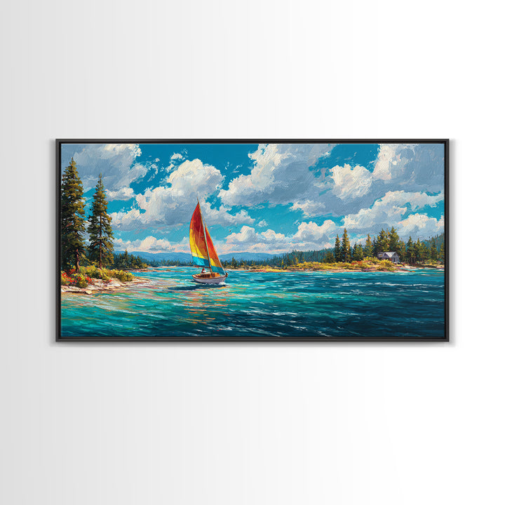 Vibrant Abstract Coastal Scene Sailing Boat Oil Painting Canvas Print Wall Art Beach Home Decor Large Wall Art Bright Wall Decoration