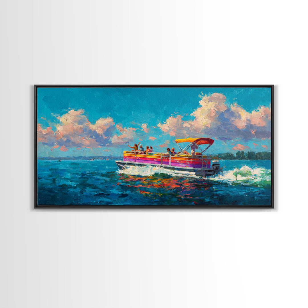 Vibrant Party Boat At Sea With Cheerful Passengers At Sunset Wall Art Framed Canvas Print Bright Colorful Coastal Decor