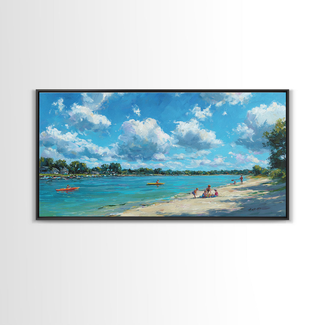 Beautiful Vibrant Oil Painting Of Lake Scene With Kayakers And Blue Sky Canvas Print Large Wall Art Home Decor Living Room Wall Art