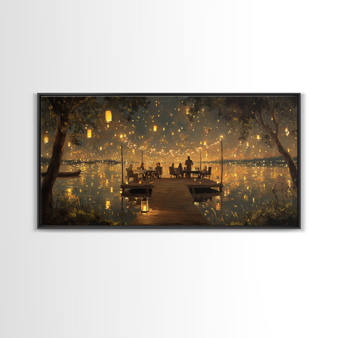 Romantic Evening Dinner On Lake Pier With Lanterns Glowing Warm Light Canvas Print Home Decor Wall Art