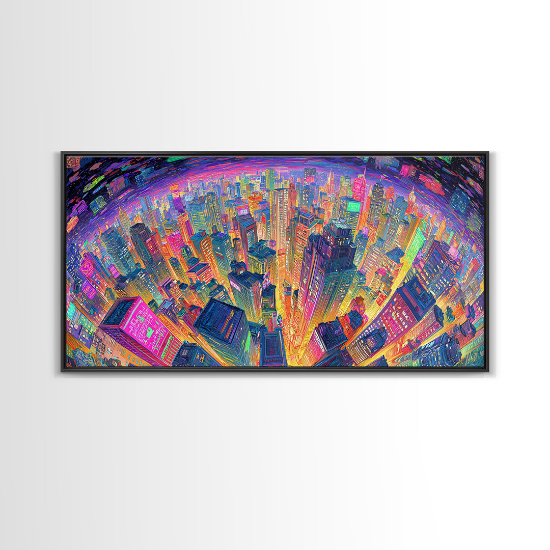 Vibrant Cityscape At Night With Neon Lights Wall Art Framed Canvas Print Modern Urban Wall Decor