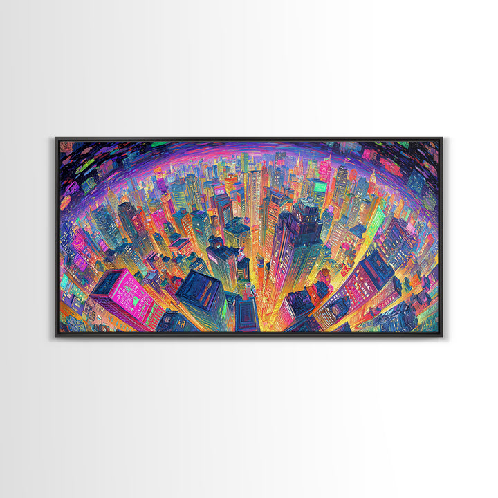 Vibrant Cityscape At Night With Neon Lights Wall Art Framed Canvas Print Modern Urban Wall Decor