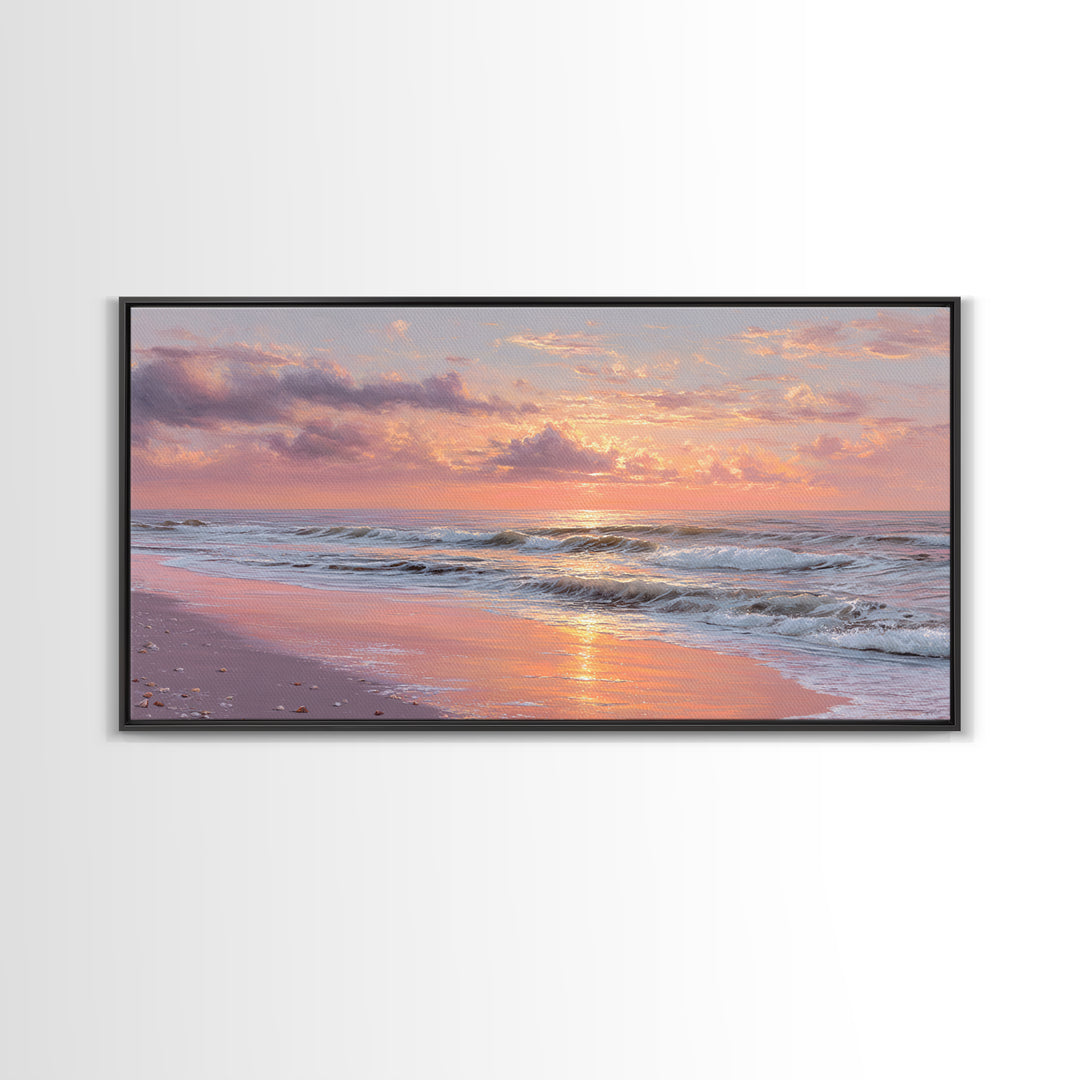 Pink Sunset Ocean Waves Wall Art, Romantic Coastal Decor, Beach House Seascape Canvas, Large Living Room Wall Art, Gift For Her