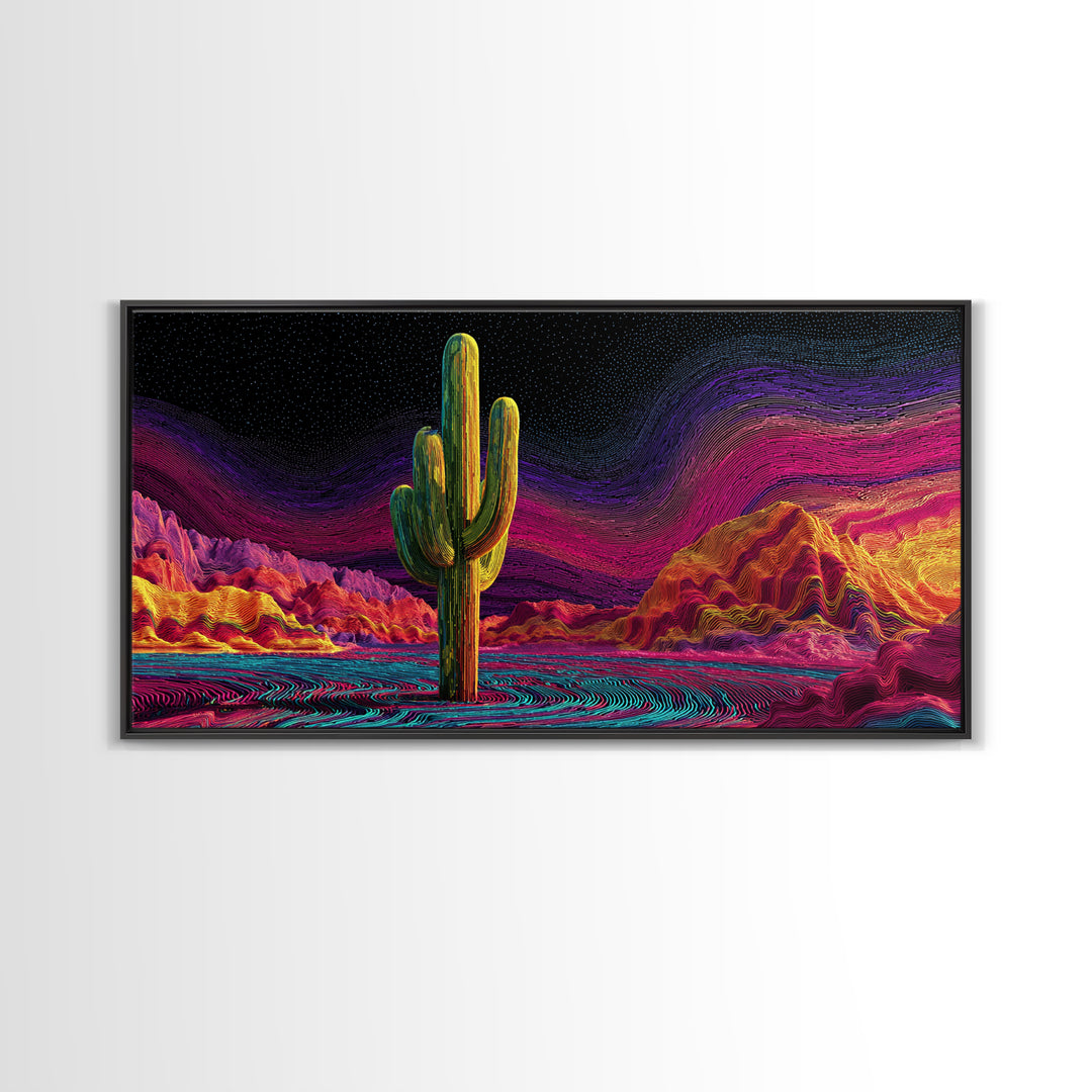 Surreal Abstract Cactus Landscape With Neon Colorful Sky And Textured Brushstrokes Canvas Print Modern Wall Art For Living Room