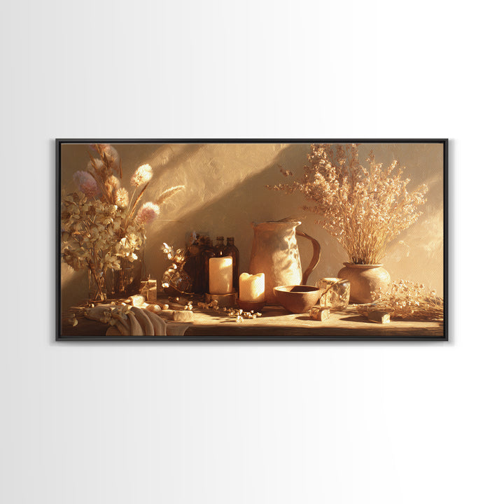 Golden Candle Dried Flower Still Life Wall Art, Neutral Wabi Sabi Decor, Rustic Home Decor, Cozy Framed Canvas Print, Gift
