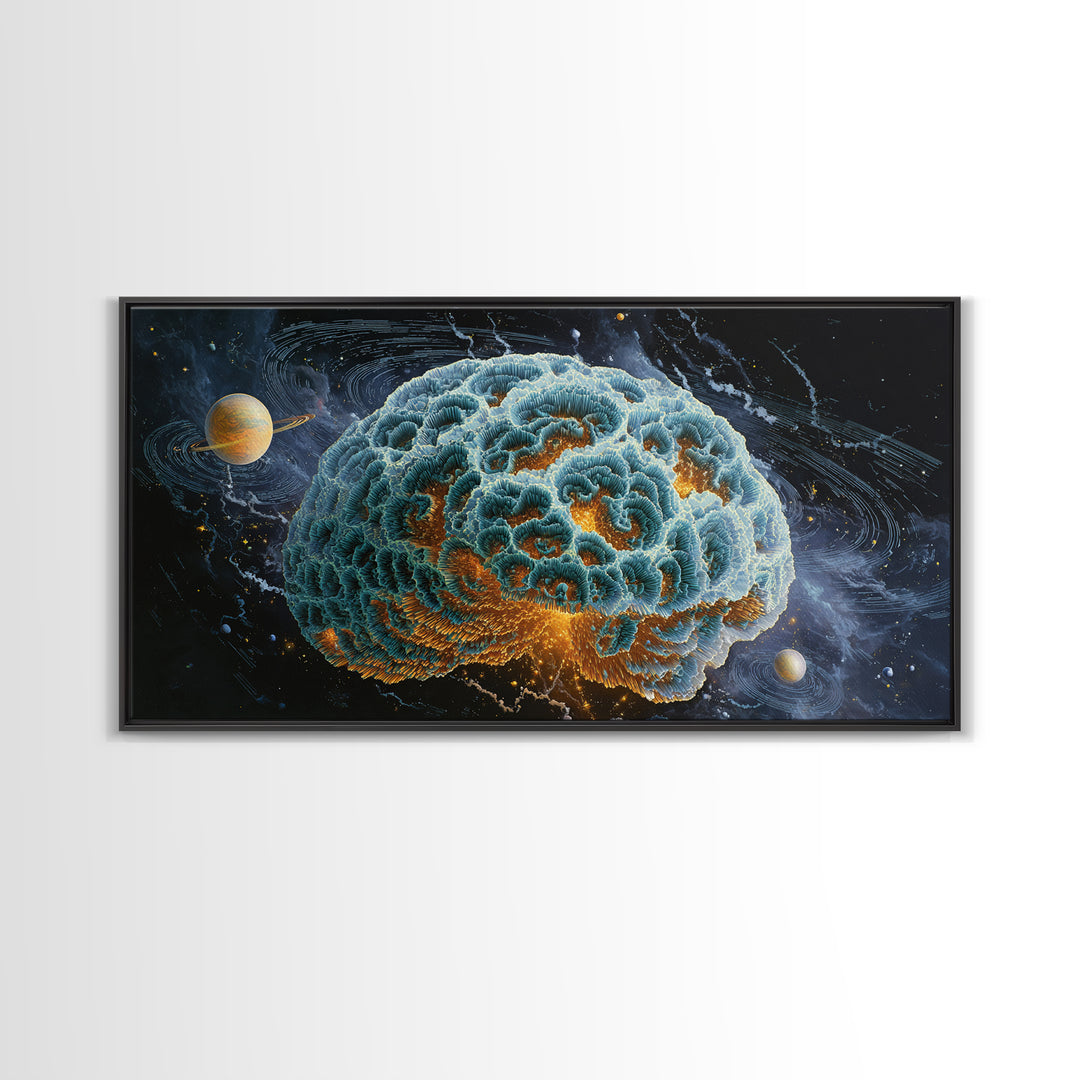 Surreal Cosmic Brain With Orbiting Planets And Vibrant Details Abstract Digital Wall Art Framed Canvas Print For Modern Home Decor