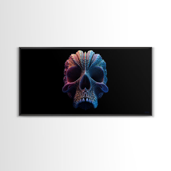 3D Digital Art Skull Sculpture In Moody Blue And Purple Tones Dark Abstract Wall Art Canvas Print For Gothic Home Decor