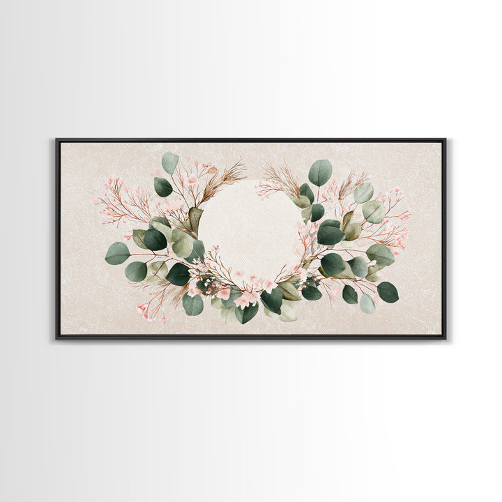 Eucalyptus Floral Wreath Wall Art, Botanical Greenery Print, Neutral Boho Home Decor, Living Room Above Bed Horizontal Canvas