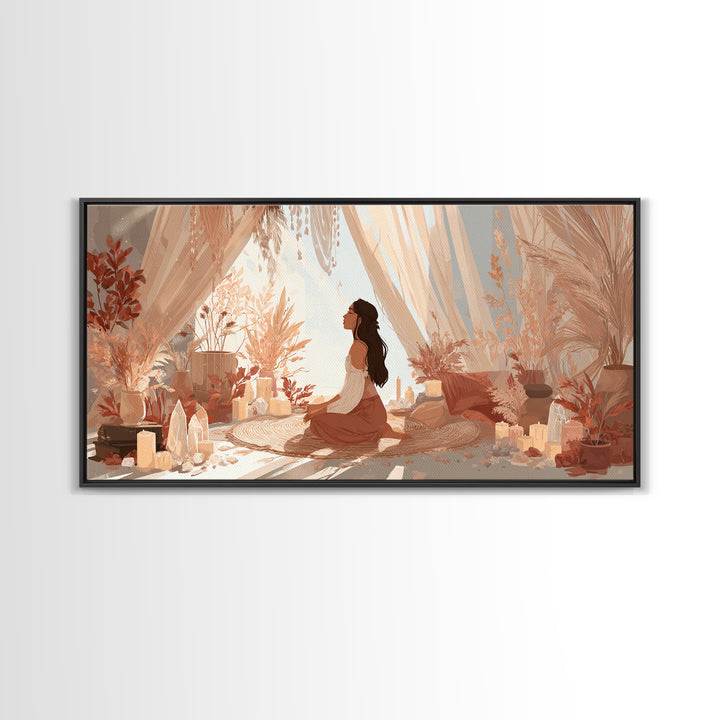 Sunlit Boho Meditation Room With Woman And Crystals Canvas Print, Spiritual Yoga Decor, Serene Feminine Wall Art Gift For Her