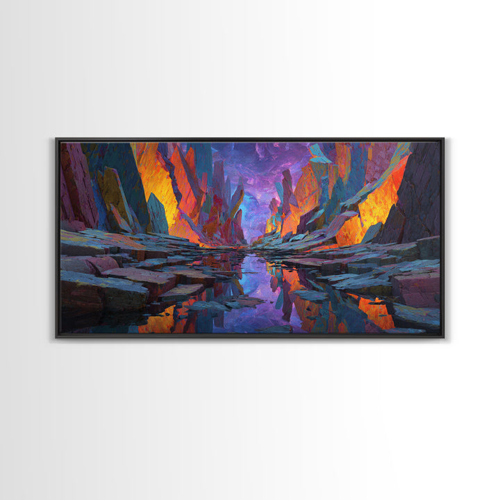 Vibrant Surreal Landscape With Fiery Rock Formations Reflected In Water Large Wall Art Framed Canvas Print