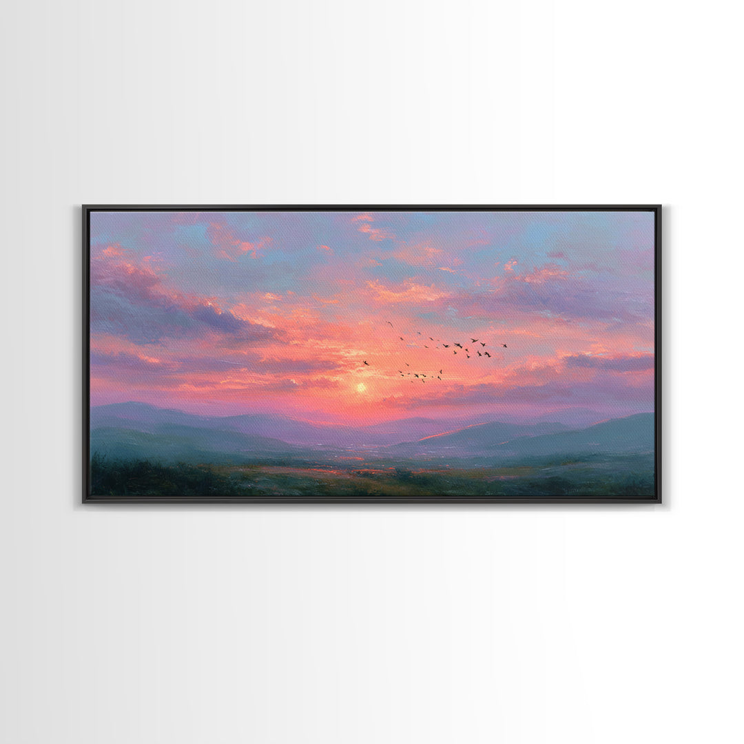 Pink Sunset Mountain Valley Landscape Canvas Print, Misty Nature Wall Art, Large Living Room Decor, Peaceful Housewarming Gift