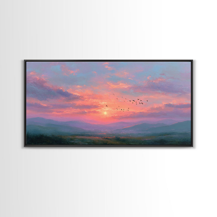 Pink Sunset Mountain Valley Landscape Canvas Print, Misty Nature Wall Art, Large Living Room Decor, Peaceful Housewarming Gift