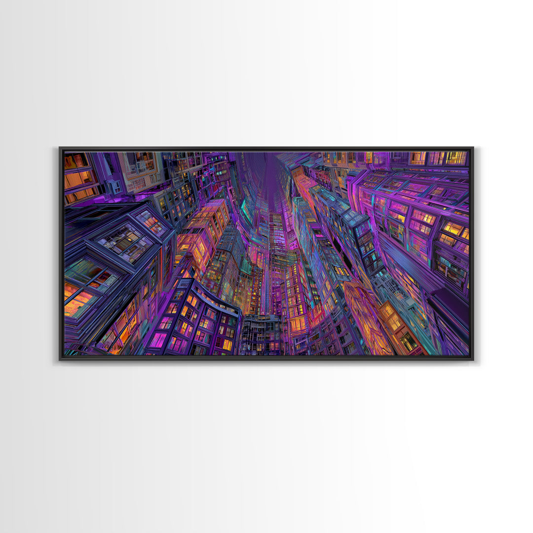 Vibrant Neon Cityscape With Tall Skyscrapers Artistic Wall Art Print, Colorful Urban Home Decor, Modern Framed Canvas Print