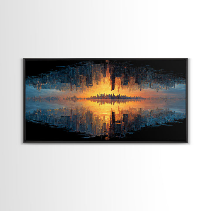 Abstract Cityscape Digital Painting Featuring Inverted Skyline And Sunset Reflection, Canvas Print For Modern Wall Art And Home Decor