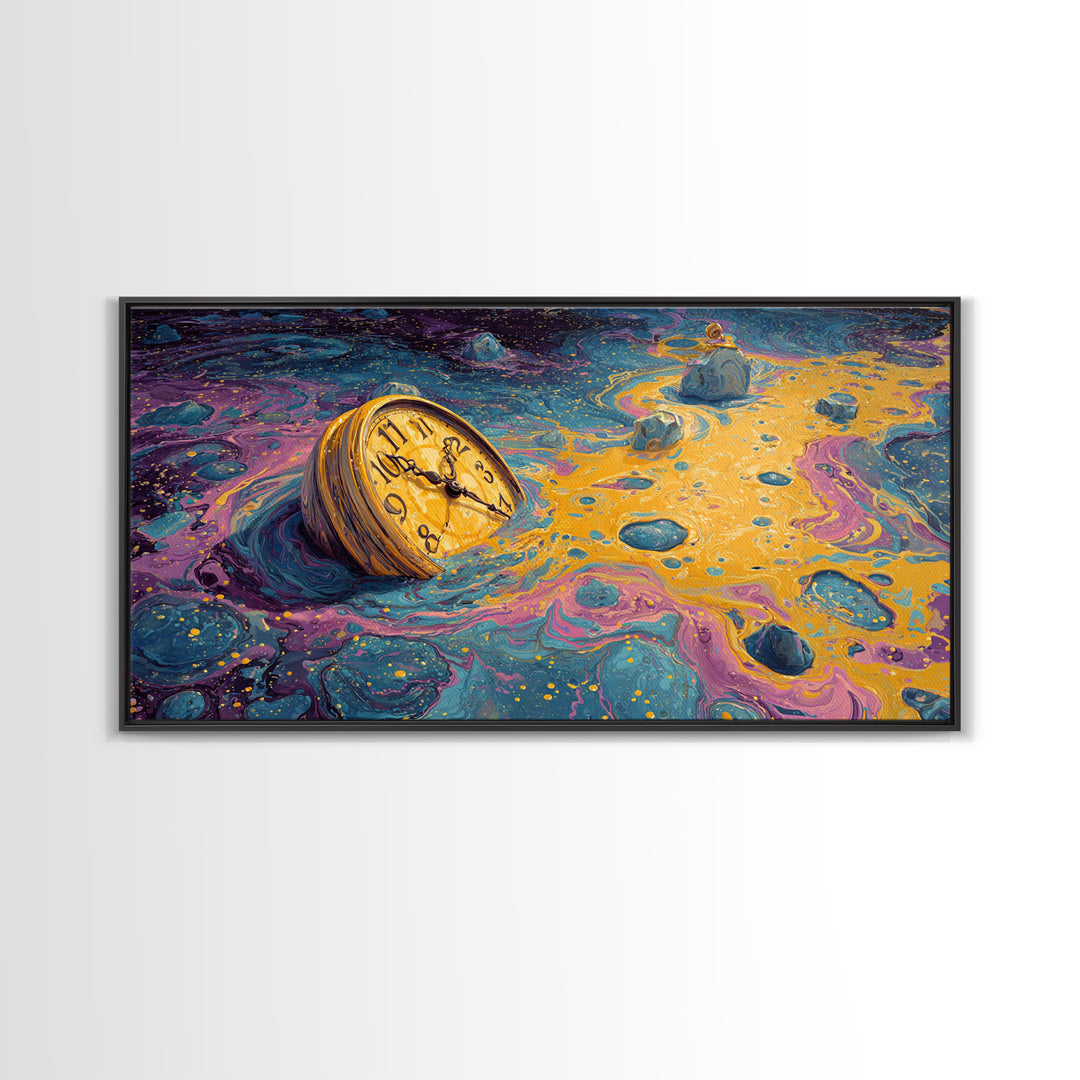 Surreal Abstract Time Melting Clock In Vibrant Blue And Gold Swirling Colors Contemporary Wall Art Printed Canvas Print