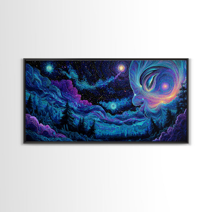 Enchanting Cosmic Blue Night Sky With Celestial Woman Figure Painting, Mystical Wall Art, Canvas Print For Spiritual and Meditation Decor