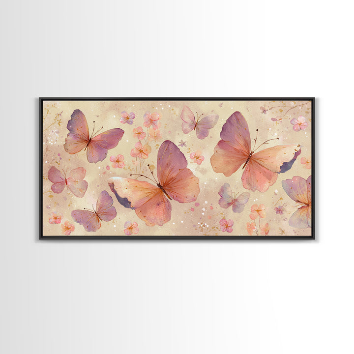 Blush Pink Butterflies And Tiny Flowers Wall Art, Pastel Canvas Print, Whimsical Nursery Bedroom Decor, Feminine Gift For Her