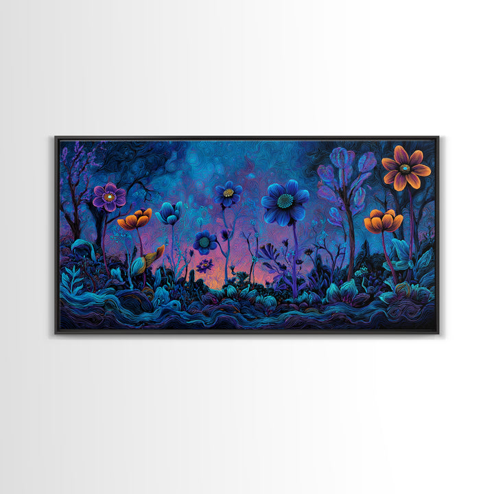 Whimsical Blue And Purple Flowers Digital Painting Vibrant Floral Wall Art Framed Canvas Print For Bedroom Or Living Room Decor