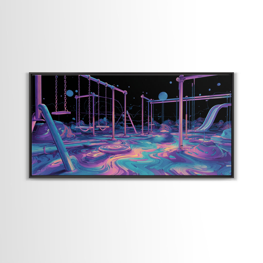 Surreal Neon Playground Illustration With Glowing Elements Wall Art Print, Vibrant Kids Room Decor, Modern Canvas Print